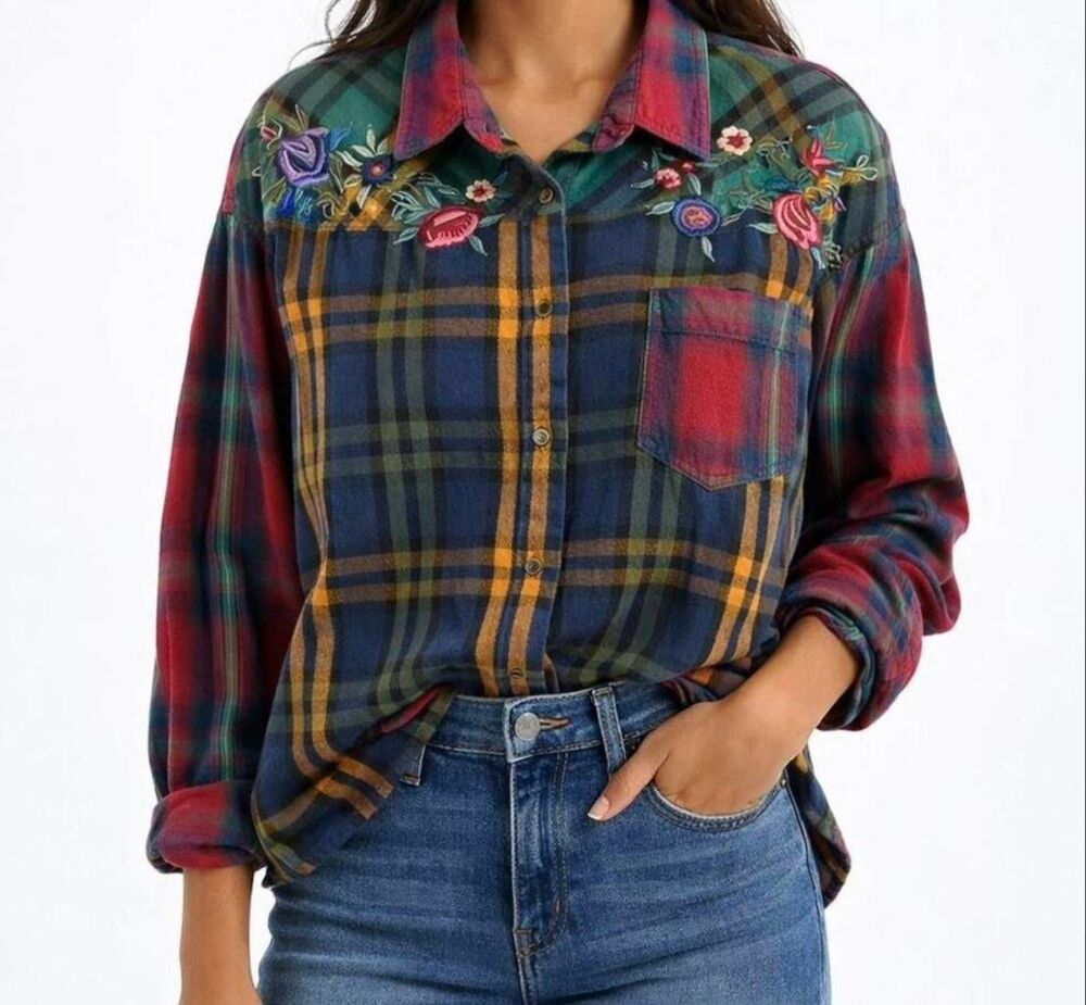 QPS Multicolor Floral Embroidered Button Up Shirt Large Boho Fall Comfy Colorful